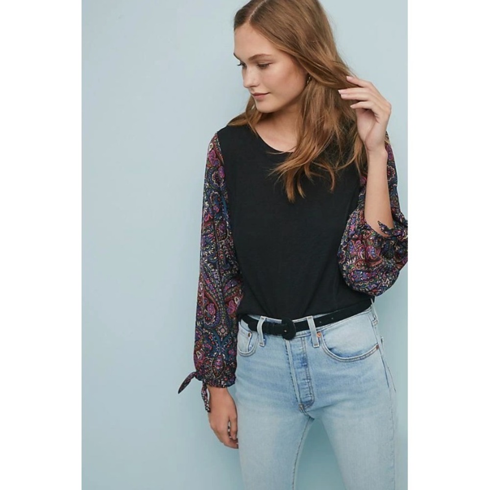 Akemi + Kim Anthropologie Maybell Tied Sleeve Top Women's Size Small Paisley - Picture 2 of 11
